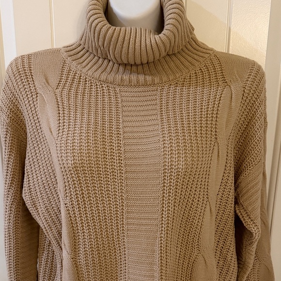 NWOT Elegant Tan Cable Knit Turtleneck Sweater Dress - Picture 3 of 4